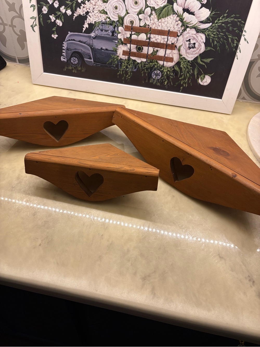 Set of 3 Wooden Corner Wall Shelves Triangle Brown Heart Cutout Medium Tone 90s